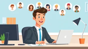 Cartoon professional sitting at desk with laptop, multiple client icons floating above representing diverse 1099 clients, bright energetic style