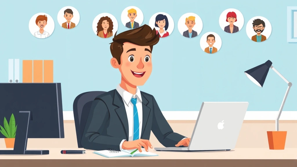Cartoon professional sitting at desk with laptop, multiple client icons floating above representing diverse 1099 clients, bright energetic style