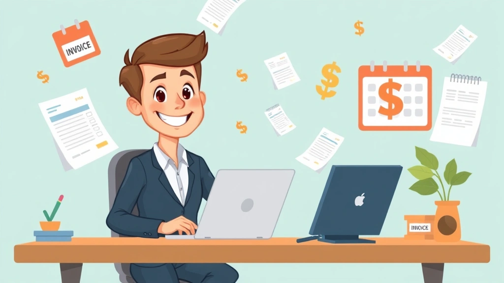 Cartoon professional sitting at desk with laptop and calculator, surrounded by floating invoices, calendar, and dollar signs, smiling confidently