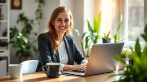 Professional woman working at laptop in home office with coffee cup, plants, and natural light streaming through window, smiling confidently at camera