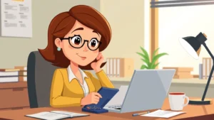 Cartoon professional woman at desk with laptop and calculator, reviewing 1099 form with thoughtful expression, warm office lighting, organized workspace with coffee cup