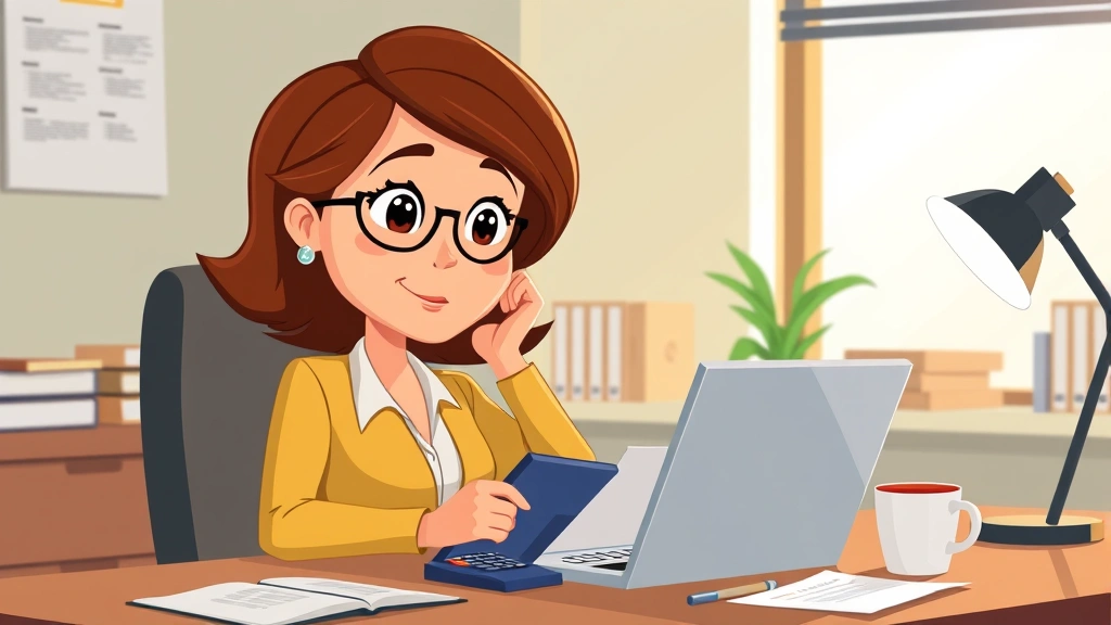 Cartoon professional woman at desk with laptop and calculator, reviewing 1099 form with thoughtful expression, warm office lighting, organized workspace with coffee cup