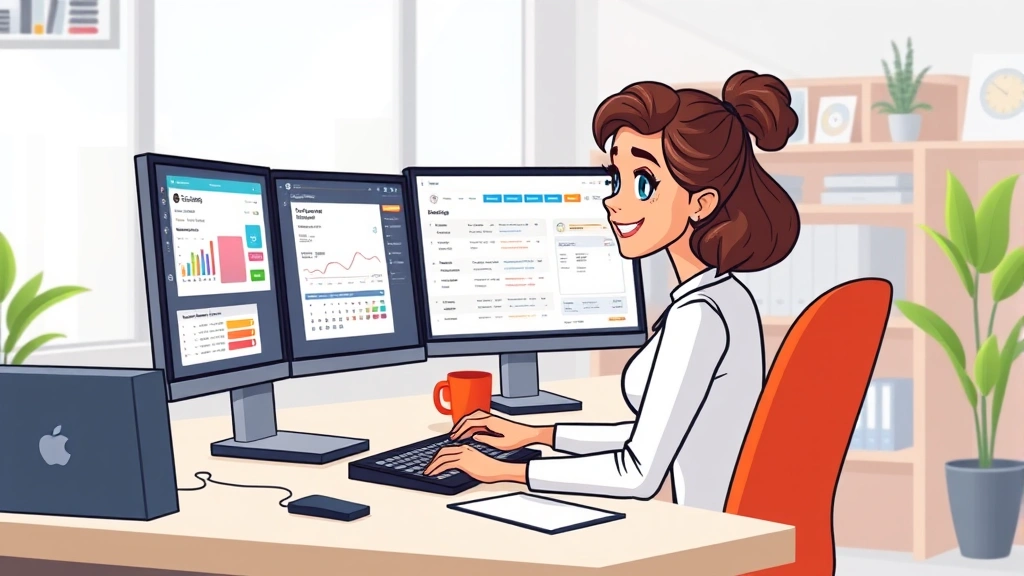 Cartoon professional woman sitting at desk with multiple computer screens showing different client projects, calendar, and invoicing software in bright modern office