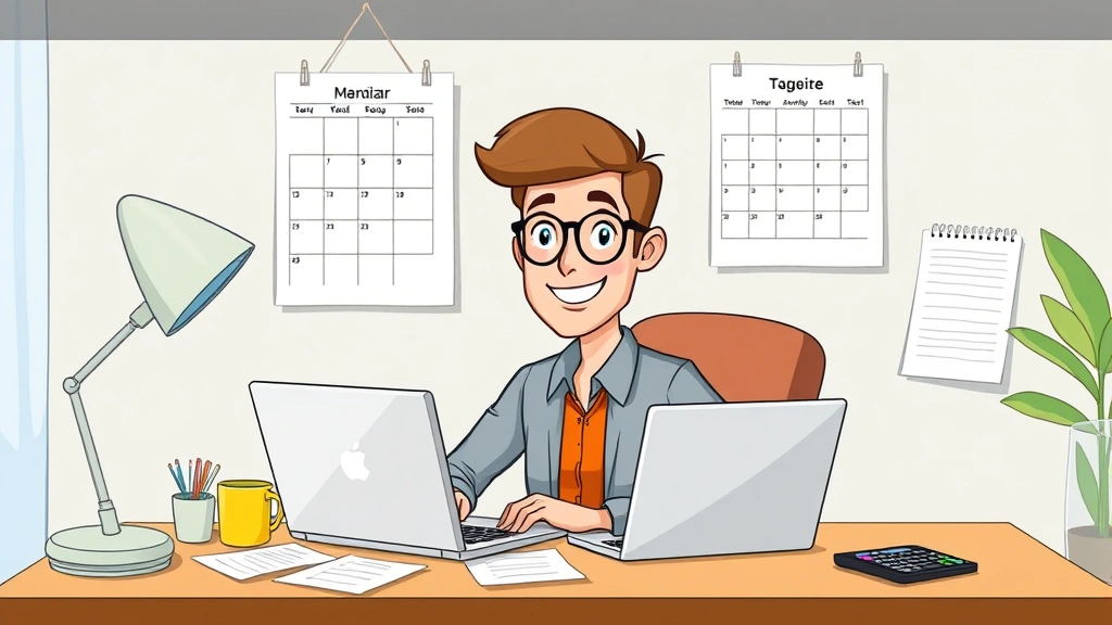 Cartoon professional freelancer sitting at home desk with laptop, coffee cup, and calendar on wall showing flexible schedule, smiling confidently with papers and calculator nearby