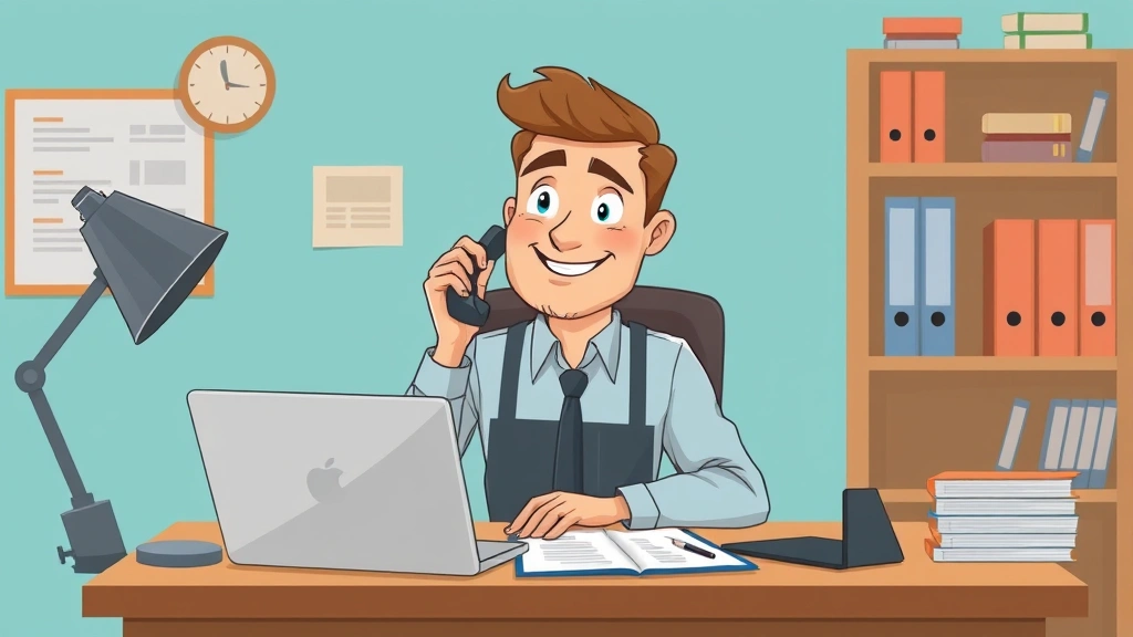 Cartoon professional contractor at desk with laptop, phone, and financial documents, relaxed expression showing independence and control