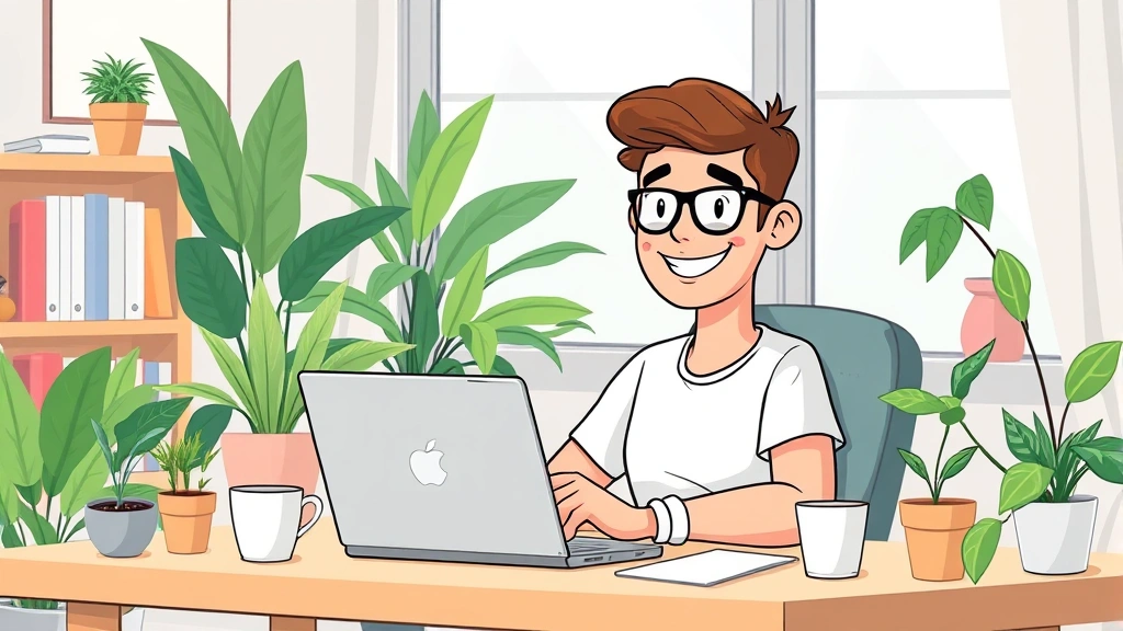 Cartoon illustration of a freelancer at home desk with laptop, coffee cup, and plants, smiling confidently while working independently in a bright modern office space