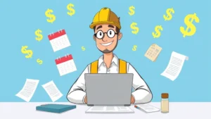 Cartoon professional contractor working at laptop surrounded by floating dollar signs, calendar, and contract documents, happy confident expression