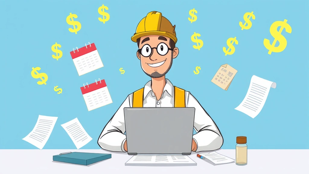 Cartoon professional contractor working at laptop surrounded by floating dollar signs, calendar, and contract documents, happy confident expression