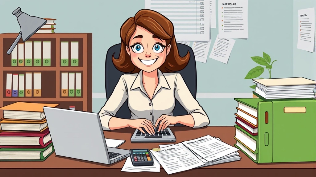 Cartoon professional woman at desk with laptop, calculator, and tax forms scattered around, smiling while reviewing 1099 documents with organized color-coded files