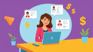 Cartoon illustration of professional woman working at laptop with multiple client windows and dollar signs, bright colors, modern workspace setup, independent contractor theme
