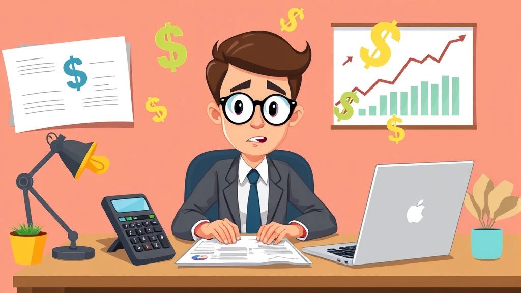 Cartoon professional sitting at desk with calculator, tax documents, and laptop, surrounded by floating dollar signs and financial charts, expressing focused concentration on tax planning