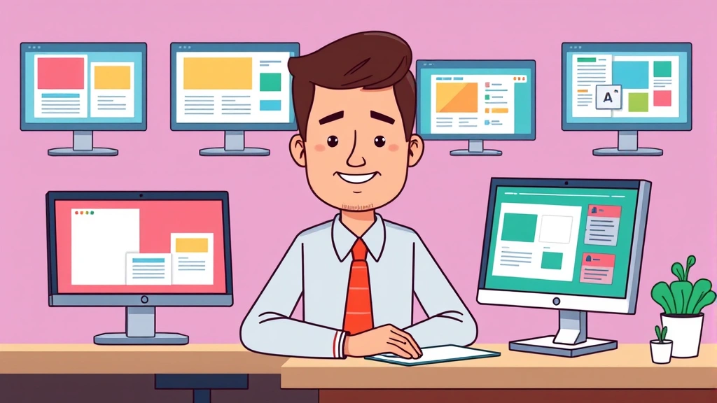Cartoon illustration of a professional sitting at a desk with multiple project windows open on computer screens, showing diverse work assignments, bright colors, no text