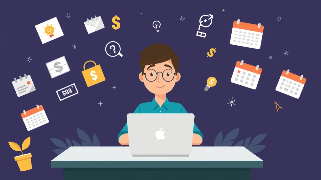 Cartoon professional sitting at laptop surrounded by floating project icons, dollar signs, and calendars, representing flexibility and multiple 1099 opportunities in freelance work