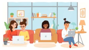 Cartoon illustration of diverse professionals working remotely at laptops from home office, coffee shops, and collaborative spaces, with laptops, notebooks, and coffee cups visible