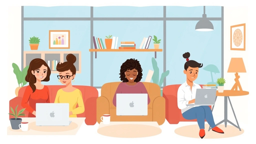 Cartoon illustration of diverse professionals working remotely at laptops from home office, coffee shops, and collaborative spaces, with laptops, notebooks, and coffee cups visible