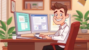 Cartoon freelancer sitting at desk with multiple computer screens, smiling confidently, papers and calculator visible, home office setting with plant, warm lighting, professional atmosphere, showing independence and productivity