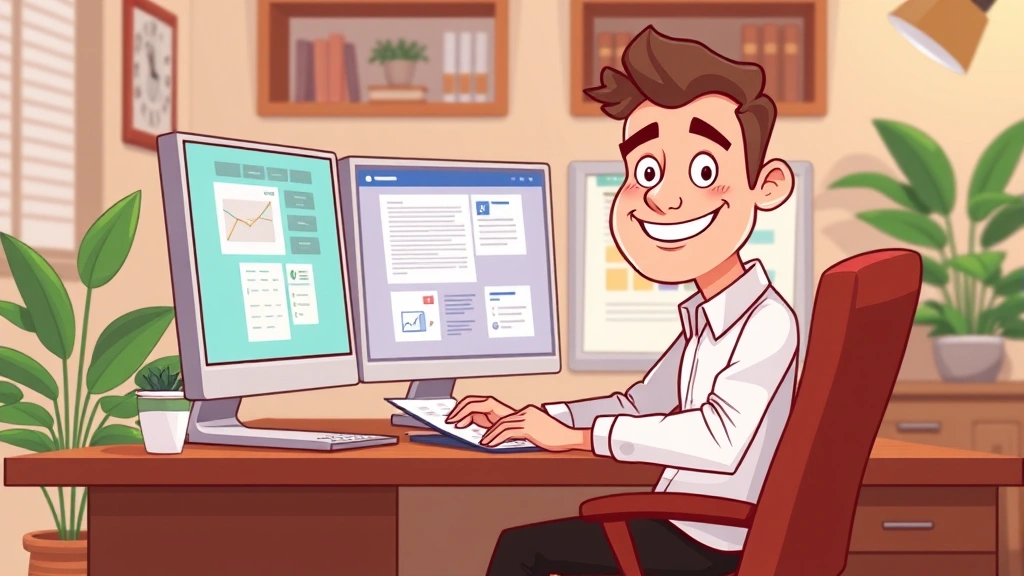 Cartoon freelancer sitting at desk with multiple computer screens, smiling confidently, papers and calculator visible, home office setting with plant, warm lighting, professional atmosphere, showing independence and productivity