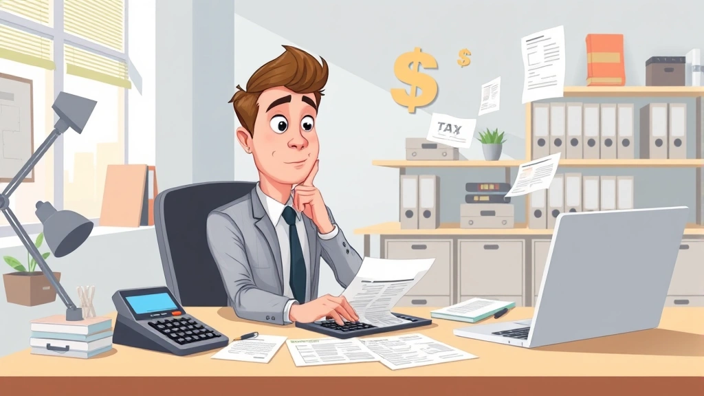 Cartoon professional sitting at desk with calculator, tax documents, and laptop, looking thoughtful with dollar signs and tax forms floating around, bright office setting with organized workspace