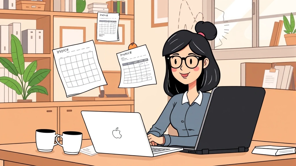 Cartoon illustration of a freelancer working on laptop at home with coffee cup, calendar, and invoice documents floating nearby, professional casual style