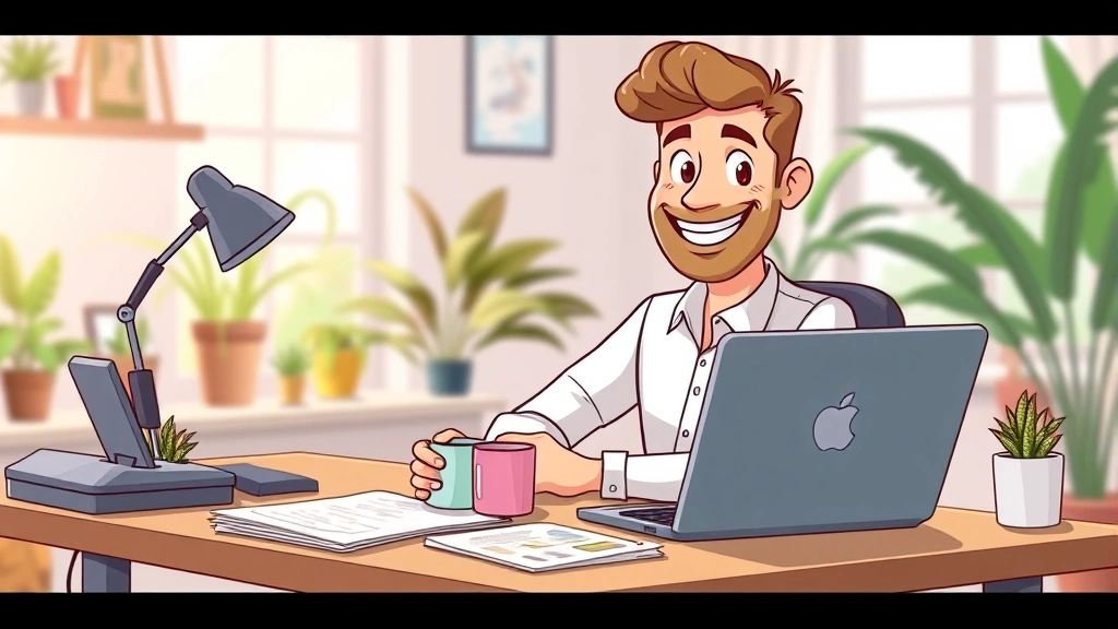 Cartoon professional freelancer sitting at desk with laptop, coffee cup, and multiple project documents, smiling confidently, bright home office background with plants and window light