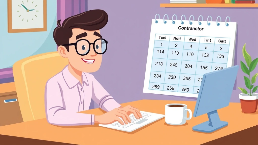 Cartoon professional contractor working at home desk with laptop, coffee cup, and calendar showing quarterly tax dates, colorful and modern style