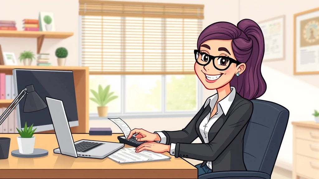 Cartoon professional sitting at desk with laptop, calculator, and tax documents, smiling confidently while managing finances and paperwork, bright home office setting