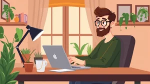 Cartoon freelancer working at laptop from cozy home office with coffee cup, plants, and warm lighting, professional yet relaxed atmosphere