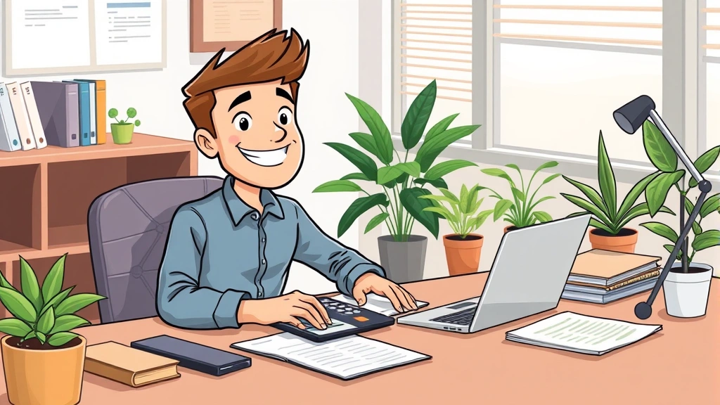 Cartoon freelancer sitting at desk with laptop, calculator, and financial documents, smiling confidently while managing invoices and tax forms, professional workspace with plants