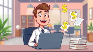 Cartoon professional sitting at laptop with floating dollar signs and contract documents, colorful modern office setting, cheerful expression