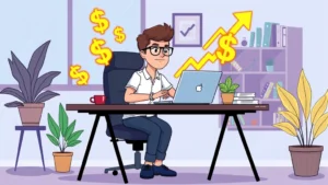 Cartoon illustration of a freelancer working at a modern desk with laptop, coffee mug, and papers, surrounded by glowing dollar signs and upward trending arrows, professional home office setting with plants