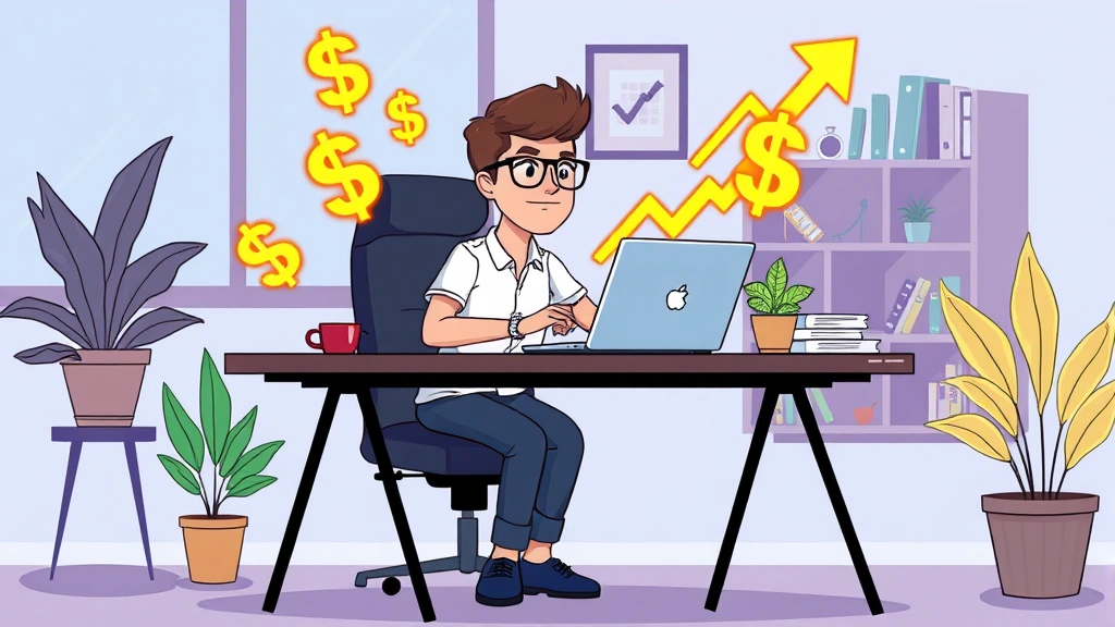 Cartoon illustration of a freelancer working at a modern desk with laptop, coffee mug, and papers, surrounded by glowing dollar signs and upward trending arrows, professional home office setting with plants