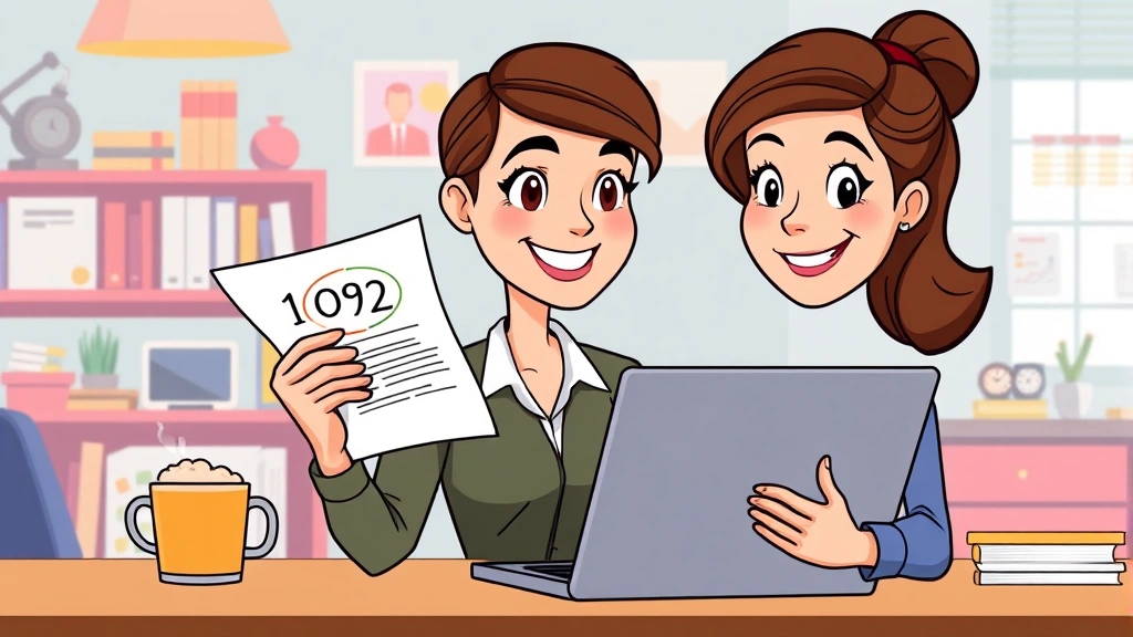 Cartoon professional woman at laptop reviewing 1099 contract documents with coffee, colorful workspace background, friendly confident expression