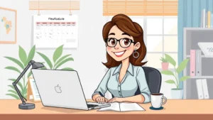 Cartoon professional woman sitting at desk with laptop, coffee cup, and calendar showing flexible schedule, smiling confidently in bright home office environment