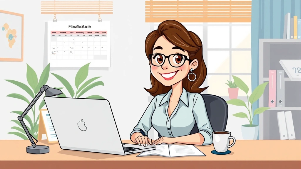 Cartoon professional woman sitting at desk with laptop, coffee cup, and calendar showing flexible schedule, smiling confidently in bright home office environment