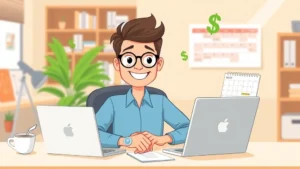 Cartoon freelancer sitting at desk with laptop, coffee cup, and calendar showing flexible schedule, smiling confidently with dollar signs floating around, bright office setting