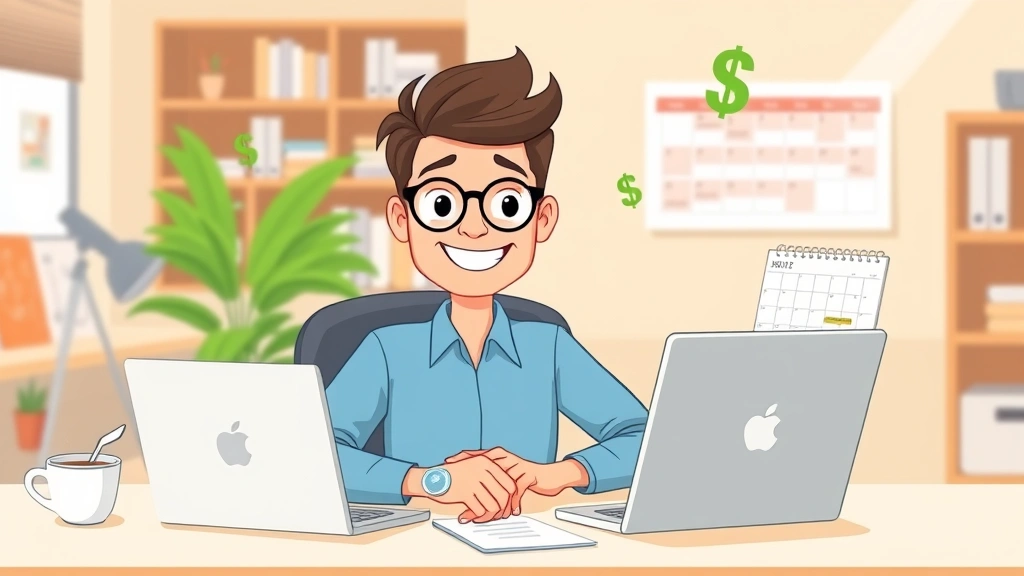Cartoon freelancer sitting at desk with laptop, coffee cup, and calendar showing flexible schedule, smiling confidently with dollar signs floating around, bright office setting