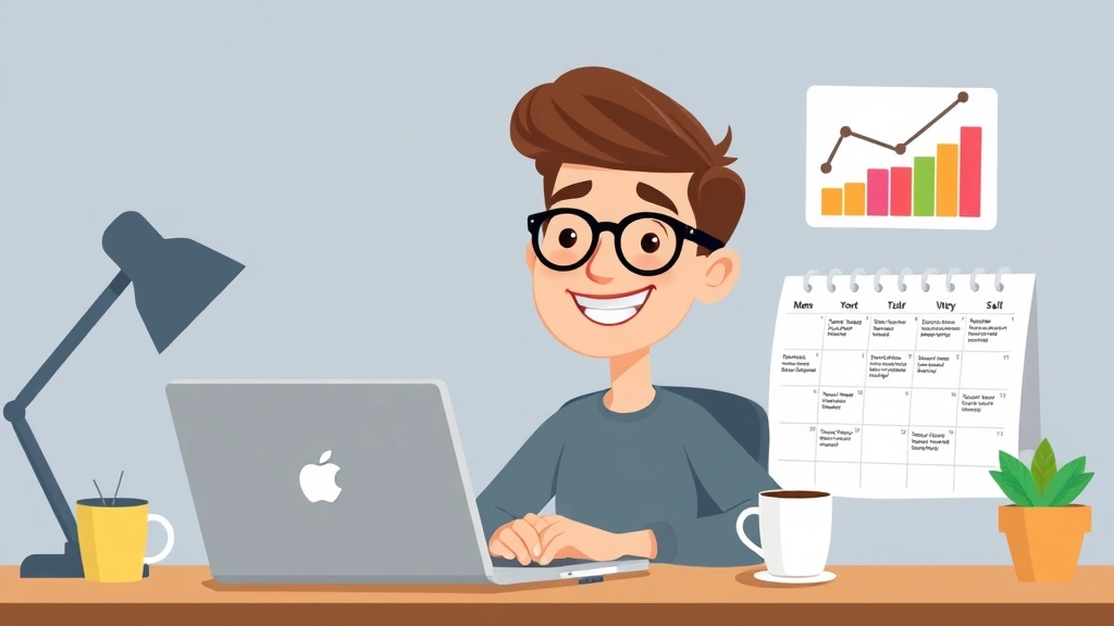 Cartoon freelancer at desk with laptop, coffee cup, and calendar showing multiple projects, smiling confidently with colorful income chart floating above