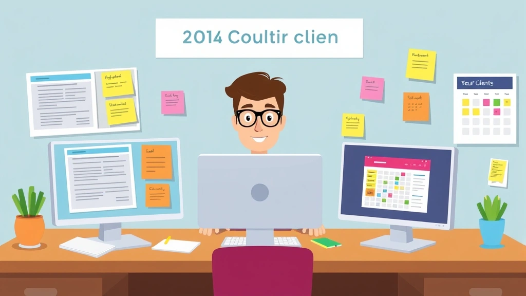 A cartoon professional at a desk with multiple computer screens showing different client projects, colorful sticky notes, and calendar reminders, representing juggling multiple 1099 clients