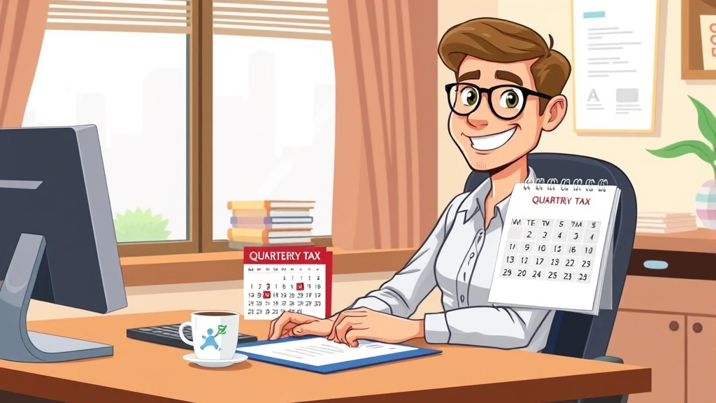 Cartoon professional sitting at home office desk with computer, coffee cup, and calendar showing quarterly tax dates, smiling confidently