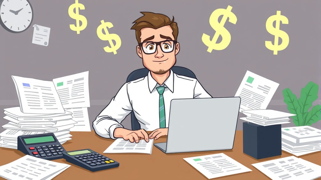 Cartoon illustration of a professional contractor at a desk surrounded by tax documents, calculator, and laptop, showing focused determination and organization with dollar signs and tax forms in background