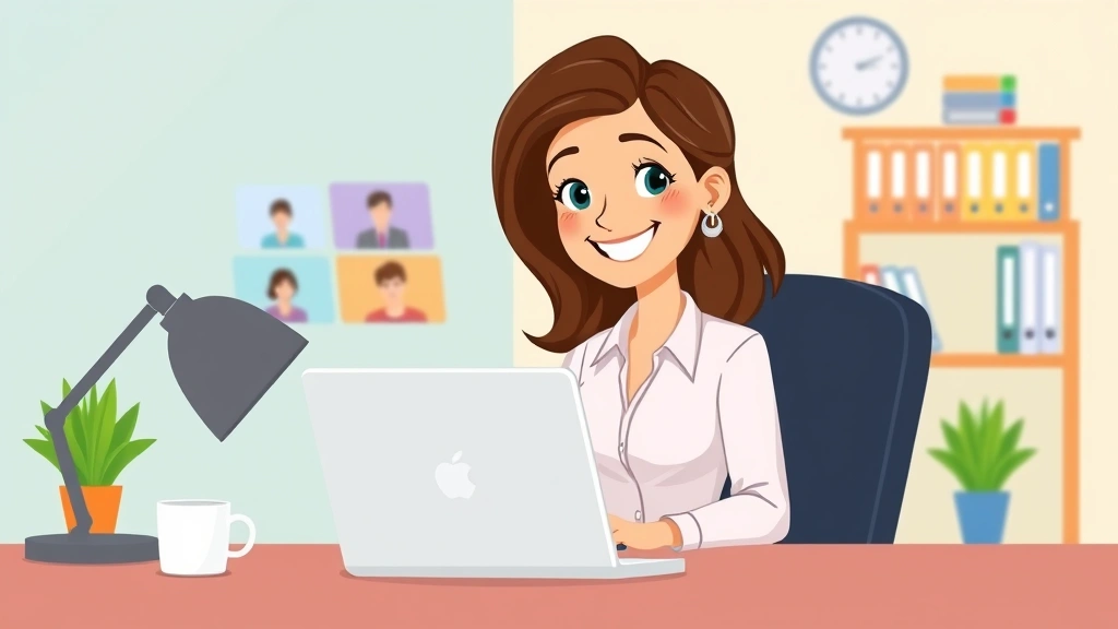 Cartoon professional woman at desk with laptop, multiple client windows on screen, coffee cup, organized workspace, happy expression, remote work setup, bright colors, no text