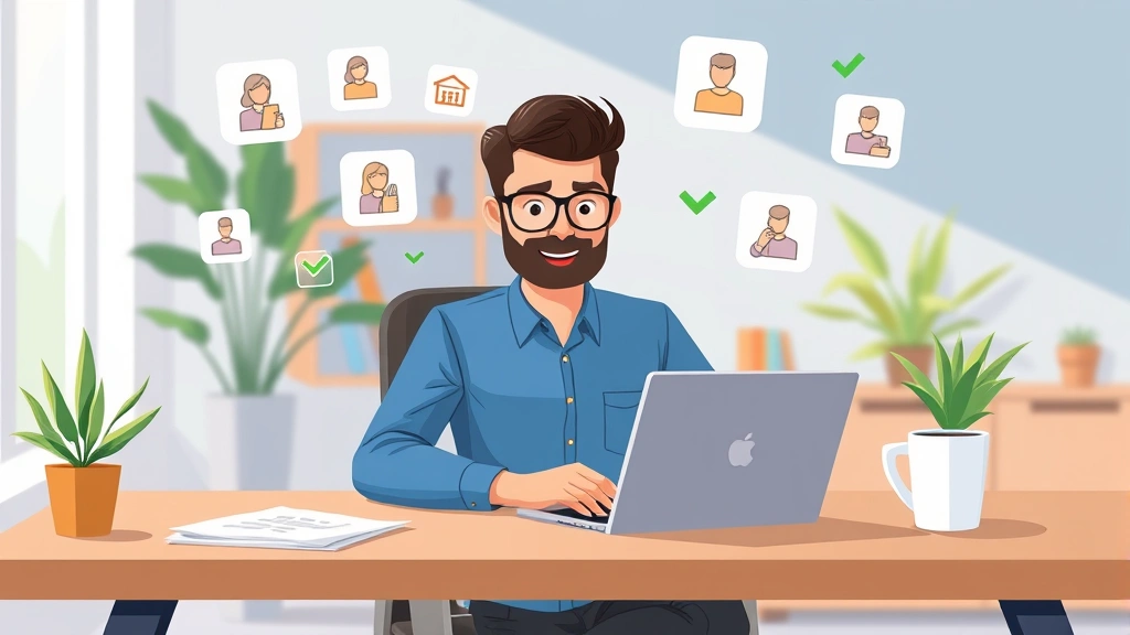 Cartoon professional contractor sitting at modern desk with laptop, multiple client project icons floating around, green checkmark symbols, bright workspace with plants and coffee cup