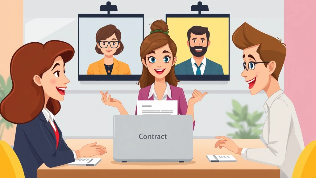 Cartoon professional woman confidently presenting to three diverse clients on video calls, laptop screen showing contract document, colorful business casual setting