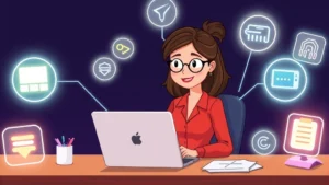 Cartoon professional woman sitting at desk with laptop, surrounded by glowing icons representing different freelance work types like design, writing, coding, and consulting