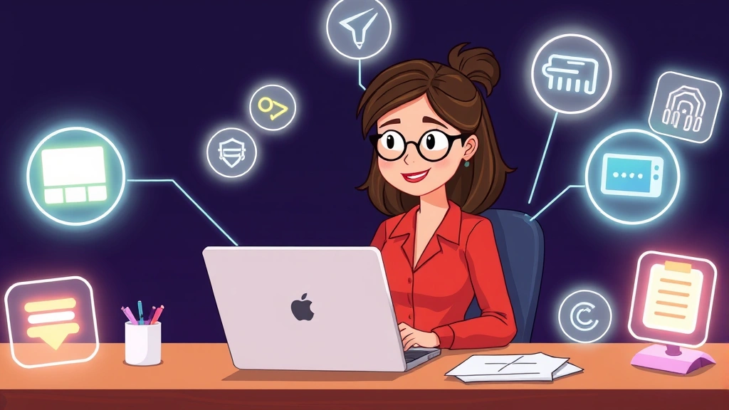 Cartoon professional woman sitting at desk with laptop, surrounded by glowing icons representing different freelance work types like design, writing, coding, and consulting