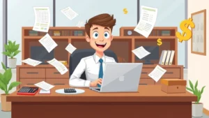 Cartoon professional sitting at desk with laptop surrounded by floating tax forms, calculator, and dollar signs in modern office setting