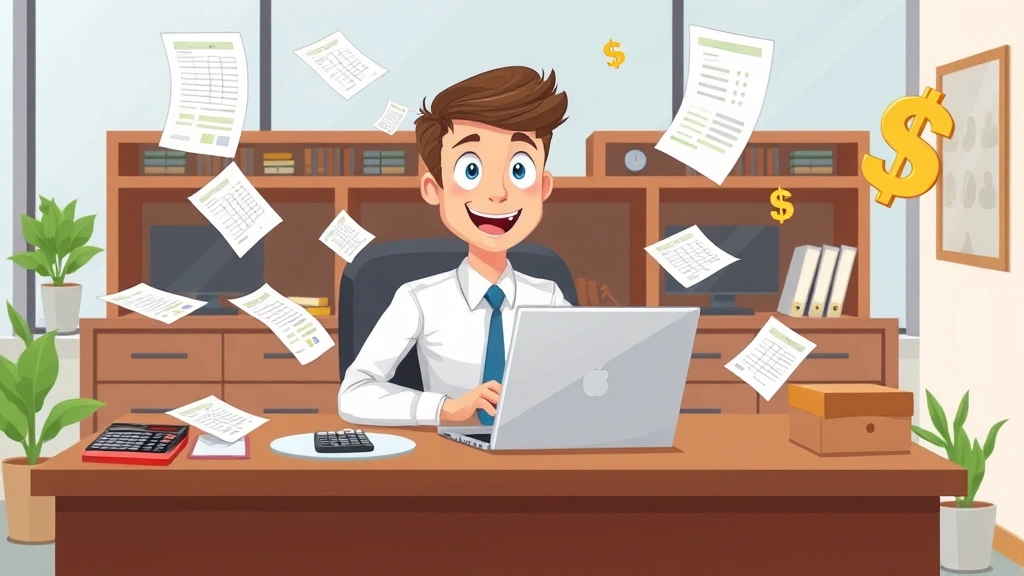 Cartoon professional sitting at desk with laptop surrounded by floating tax forms, calculator, and dollar signs in modern office setting