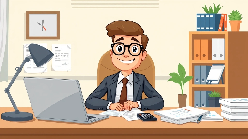 Professional cartoon character sitting at home office desk with laptop and calculator, surrounded by invoices and business documents, confident expression, modern workspace