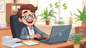 Cartoon professional sitting at desk with calculator, laptop, and stacks of receipts, smiling confidently with dollar signs and tax forms floating around, bright office setting with plants