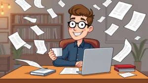 Cartoon freelancer sitting at desk with laptop surrounded by floating contract papers and digital files, smiling confidently with coffee cup, warm office lighting